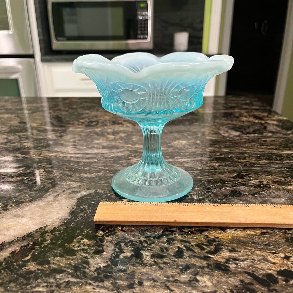 Vintage Fenton Glass Scroll w/ Eye Pattern Opalescent Compote Blue Circa 1960s